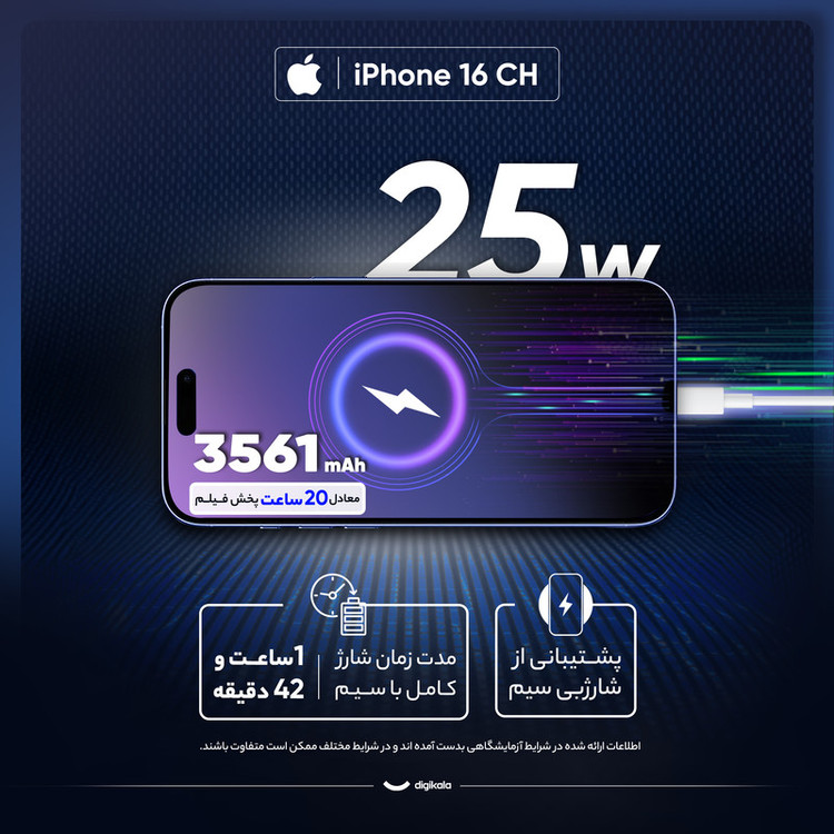 گوشی موبایل اپل مدل iPhone 16 CH دو سیم کارت ظرفیت 128 گیگابایت و رم 8 گیگابایت - با گارانتی